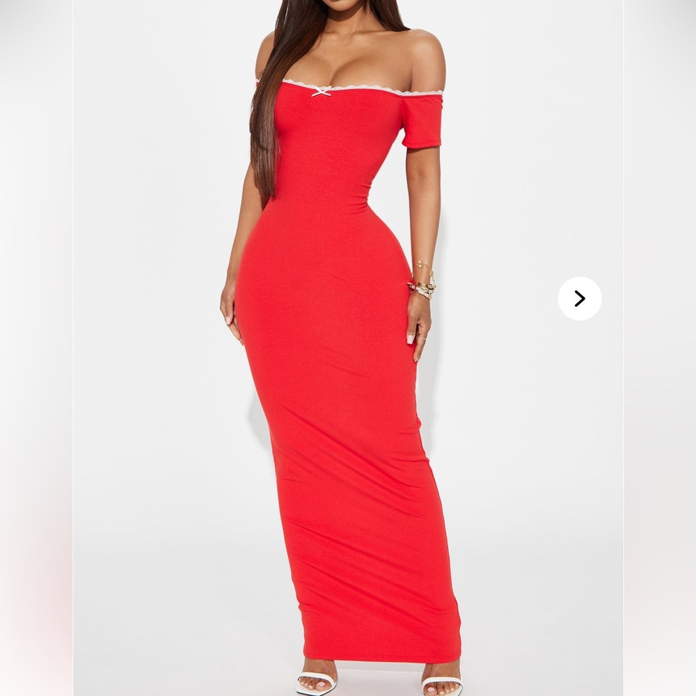 Fashion Nova Melanie Lace Trim Ribbed Maxi Dress Red